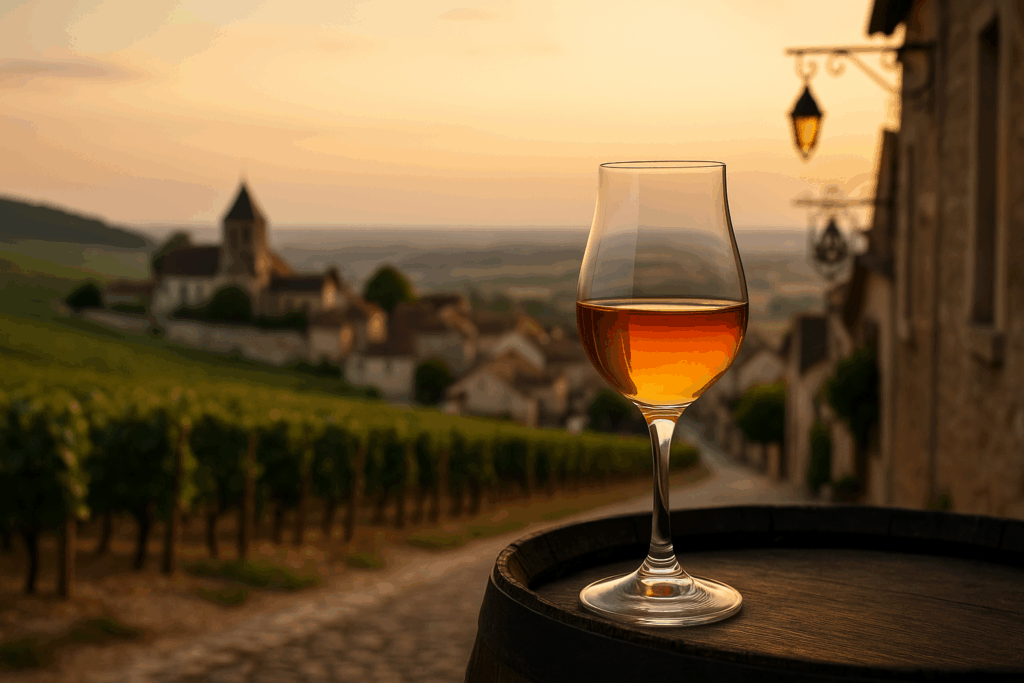 VDL, vin de liqueur: glas Ratafia champenois in Hautvillers op een houten vat, met wijngaarden en dorp bij zonsondergang