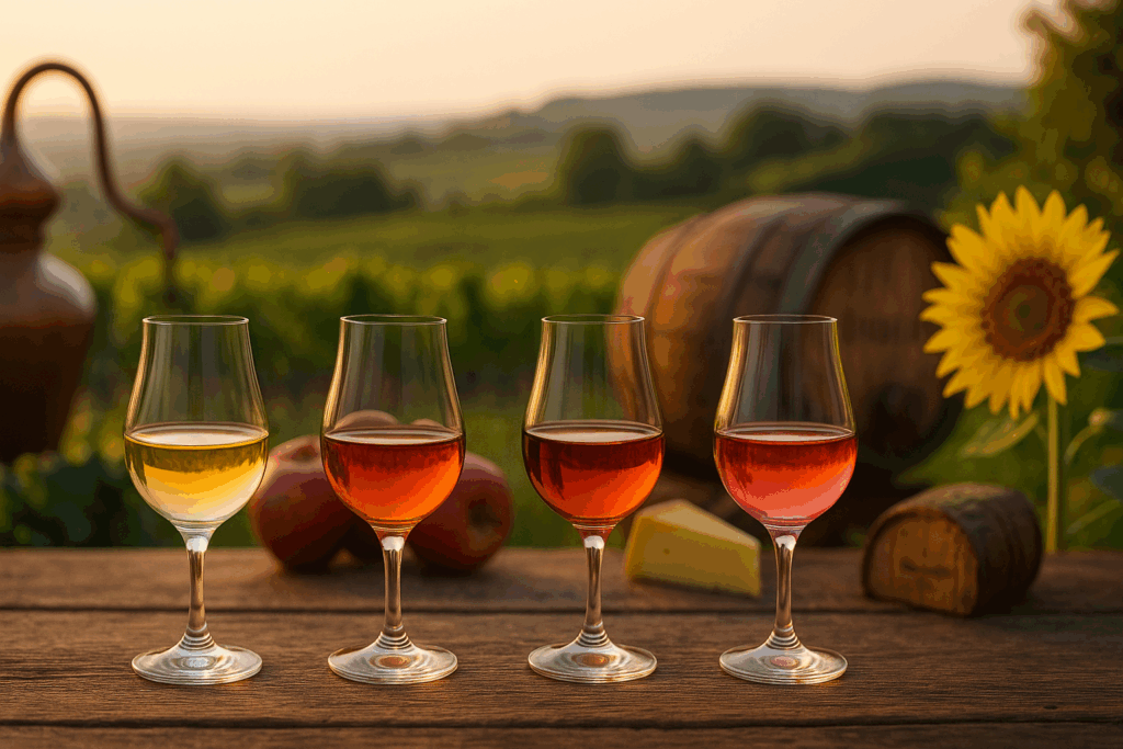 Vier Franse VDL – vin de liqueur: Pineau des Charentes, Pommeau de Normandie, Macvin du Jura en Floc de Gascogne in tulipglazen op houten tafel bij zonsondergang