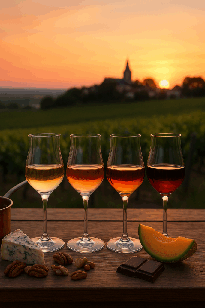 Portret: vier tulipglazen met VDL – vin de liqueur (wit, goud, amber, rood) op houten tafel bij zonsondergang, met kaas, noten, pure chocolade en meloen in wijngaardsetting