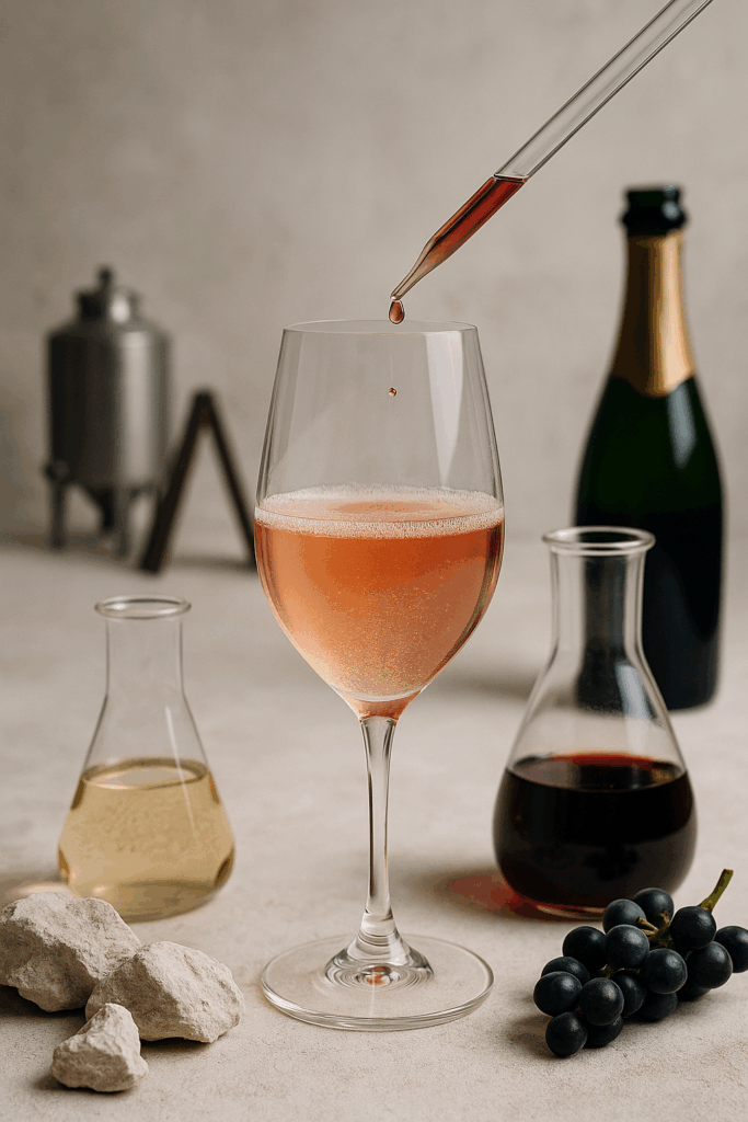 rose champagne assemblage: tulpglas met zalmroze mousserende wijn terwijl een druppel rode wijn wordt toegevoegd; pipet, fles en druiven in beeld