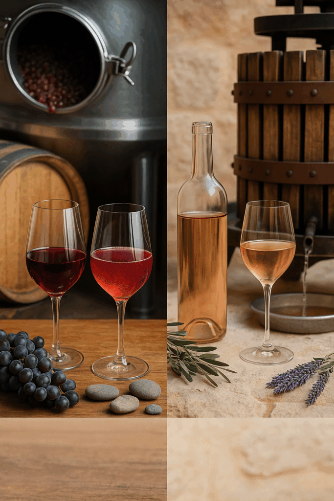 Bordeaux/Bergerac rosé de saignée (clairet) naast Provence rosé de presse: donker vs. bleek, met druiven, tank en traditionele pers