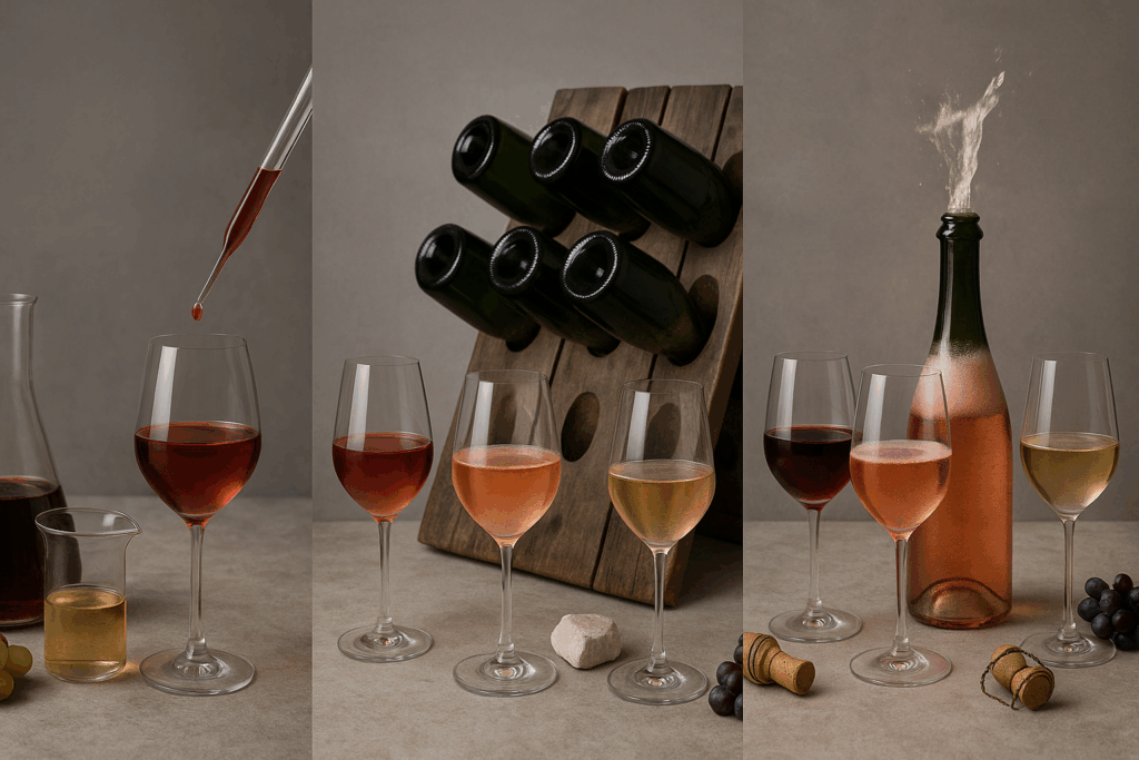 triptych rose champagne: assemblage met pipet, rijping op gisten (flessen in pupitre) en disgorgement/dosage; drie glazen van rood naar zalm en goud