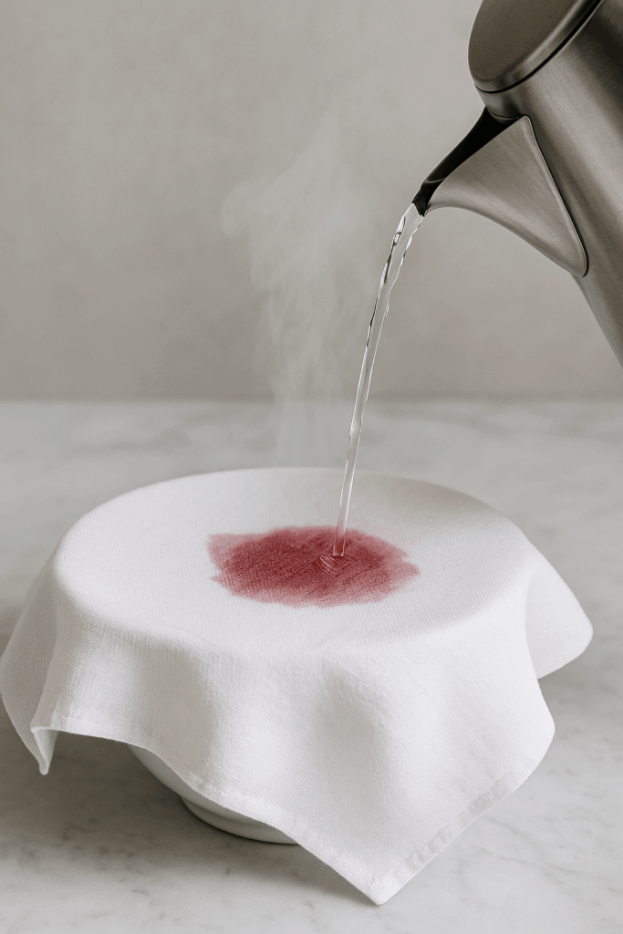 Heet water op een wijnvlek op de wijn uit de stof te verwijderen