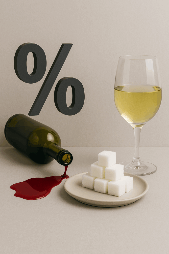 Creatieve portretfoto met symbolen voor calorieën in wijn: een glas witte wijn, suikerklontjes op een schoteltje, een omgevallen wijnfles en een groot procentteken dat het alcoholpercentage verbeeldt.