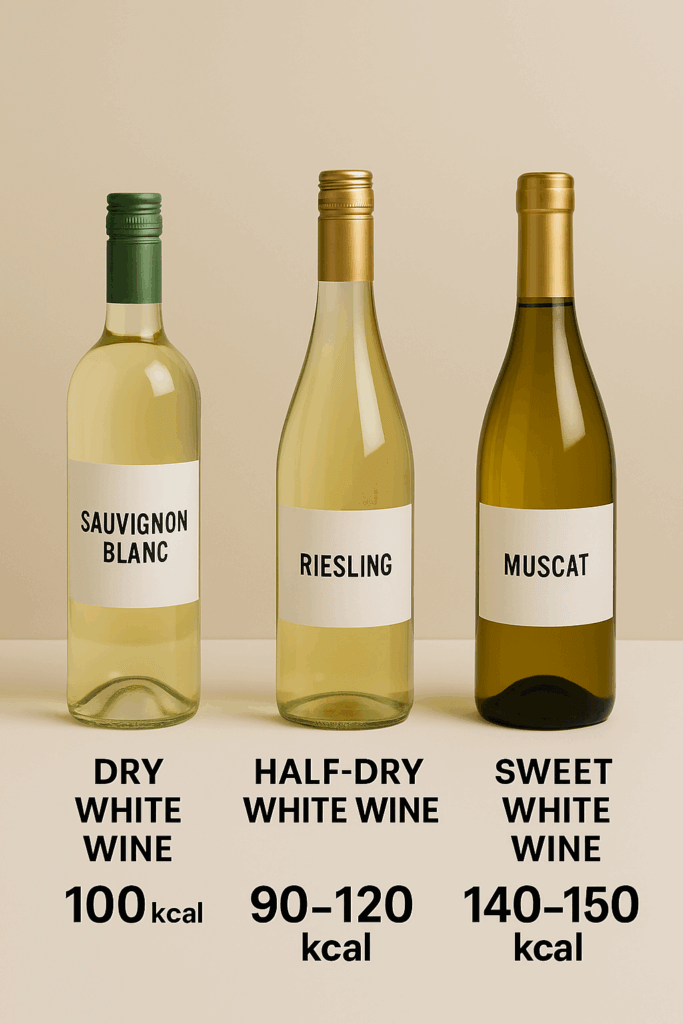 Portretfoto van drie soorten witte wijnflessen: een droge Sauvignon Blanc, een halfdroge Riesling en een zoete Muscat, passend bij calorieën in witte wijn