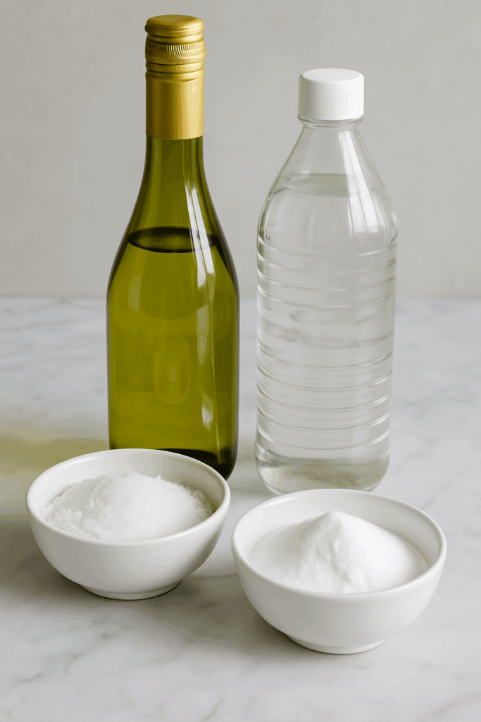 huis tuin een keukenmiddeln om wijn uit kleding te krijgen, zoals zout, azijn en soda