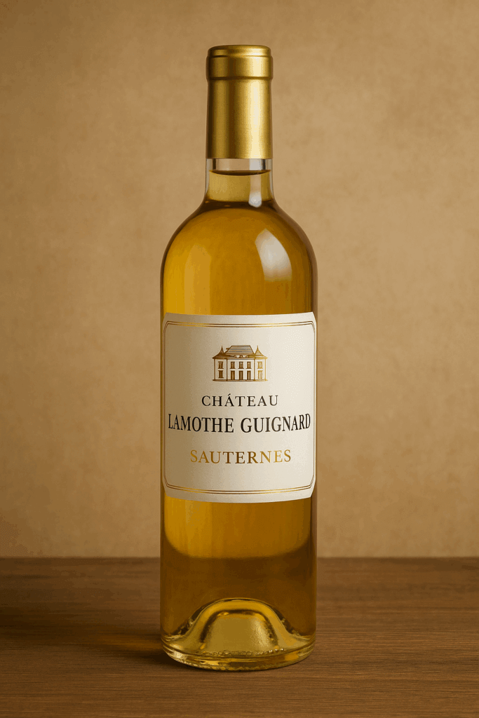 Fles Château Lamothe Guignard Sauternes op houten tafel met glas goudgele zoete witte wijn, favoriete zoete witte wijnen uit Sauternes.