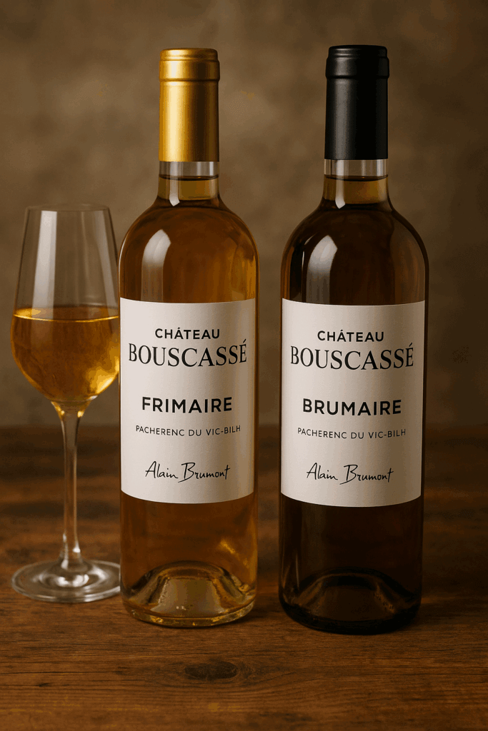 Twee flessen Château Bouscassé Frimaire en Brumaire Pacherenc du Vic-Bilh op houten tafel met glas zoete witte wijn, zoete witte wijn uit Zuidwest-Frankrijk.