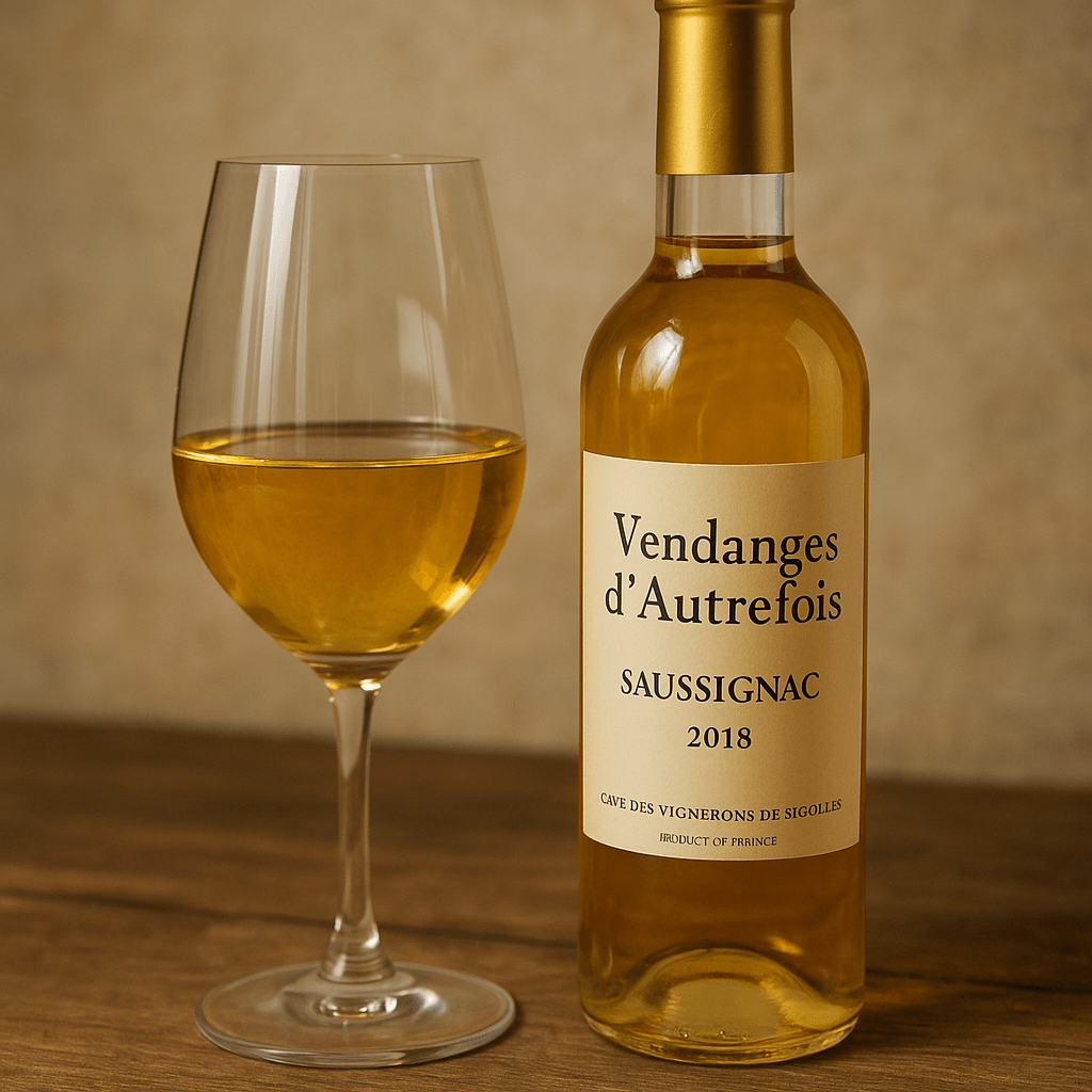 Fles Vendanges d’Autrefois Saussignac met glas goudgele zoete witte wijn op houten tafel, zoete witte wijn uit Bergerac.